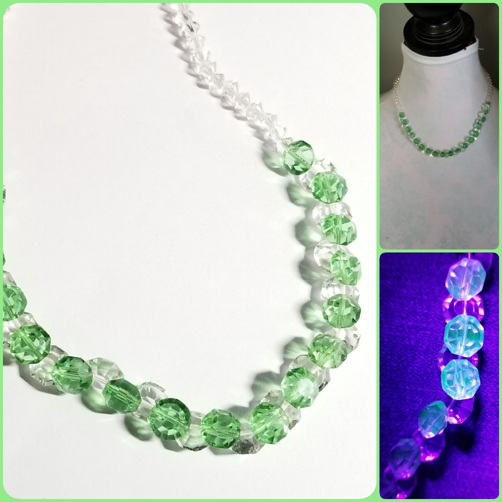 Vintage UV glow glass necklace Art Deco depression uranium glow crystal